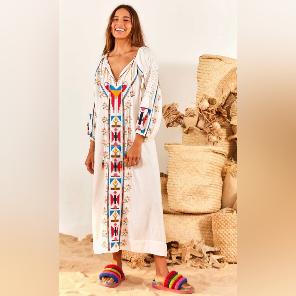 NWT SZ S Farm Rio
Macaw Embroidered Linen Caftan Midi-Dress